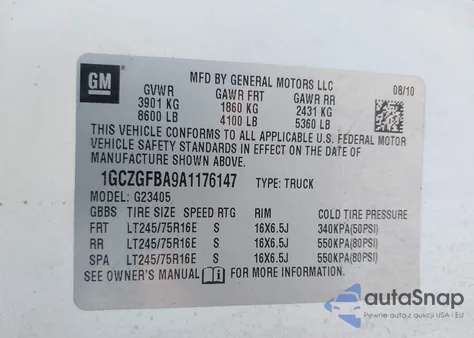 2010 Chevrolet Express 2500 Work Van из США, поврежденный, VIN 1GCZGFBA9A1176147